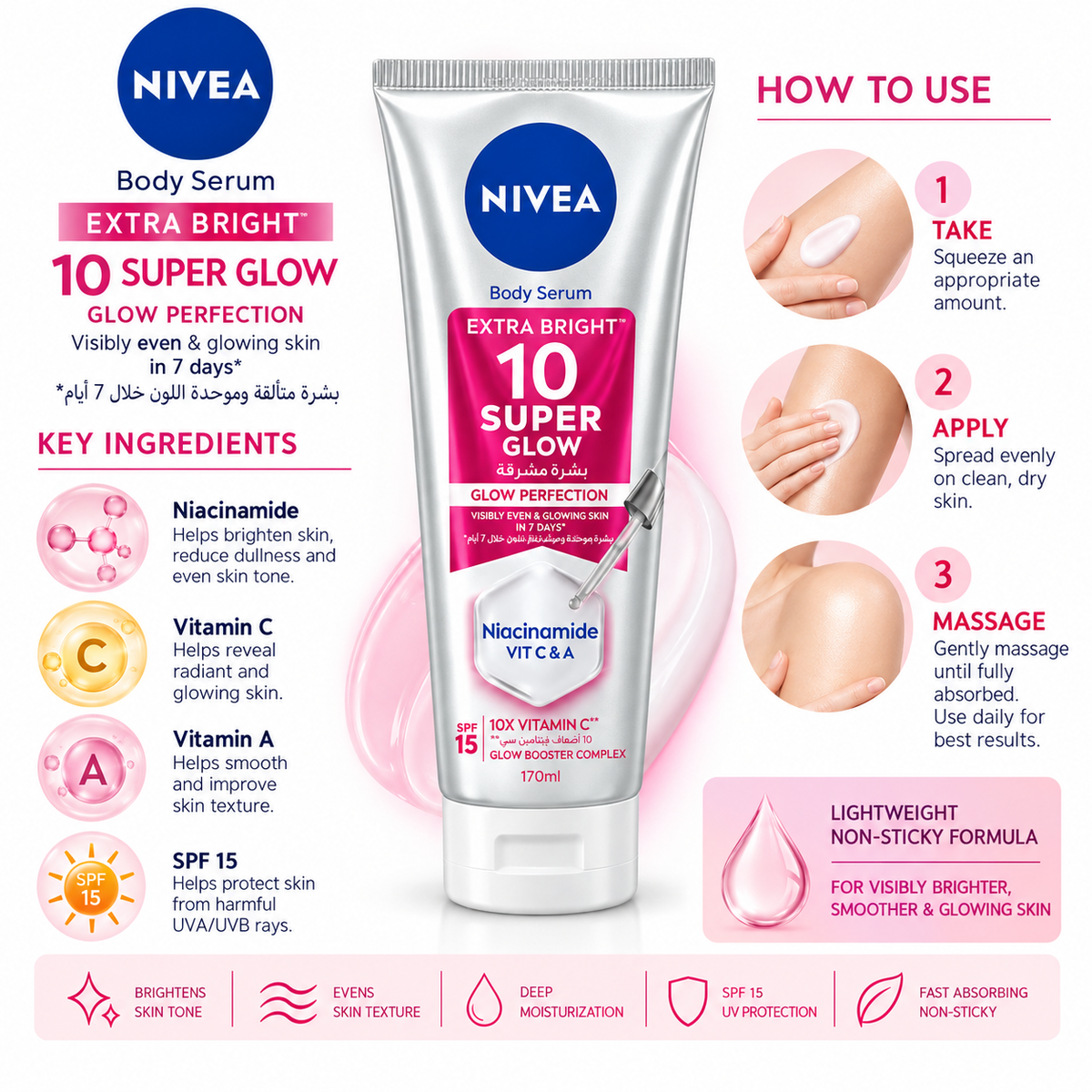 NIVEA Extra Bright 10 Super Glow Body Serum with Niacinamide & Vitamins C + A, SPF 15 – 170ml