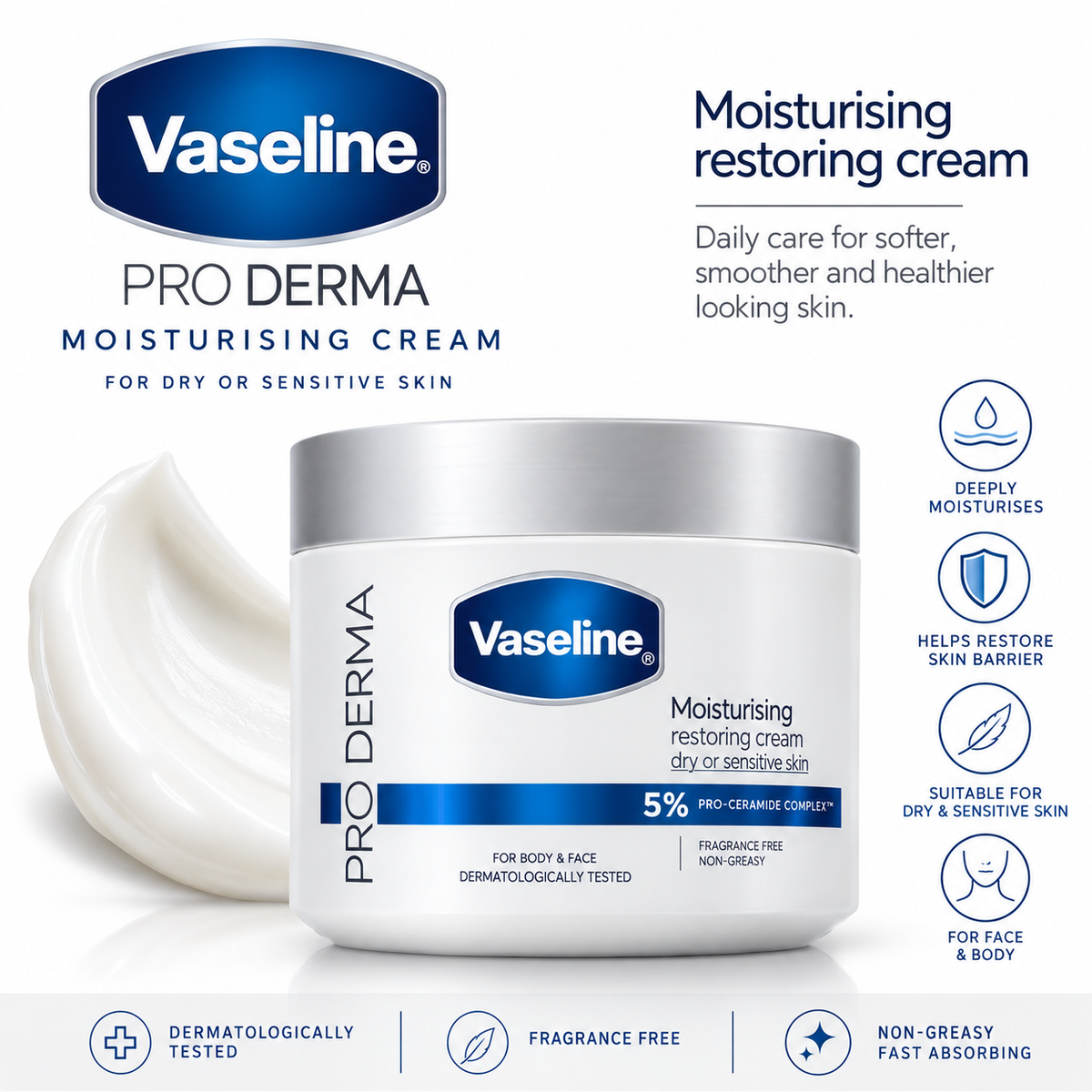 Vaseline Pro Derma Moisturising Restoring Cream 5% Pro-Ceramide Complex 360g – Dry & Sensitive Skin