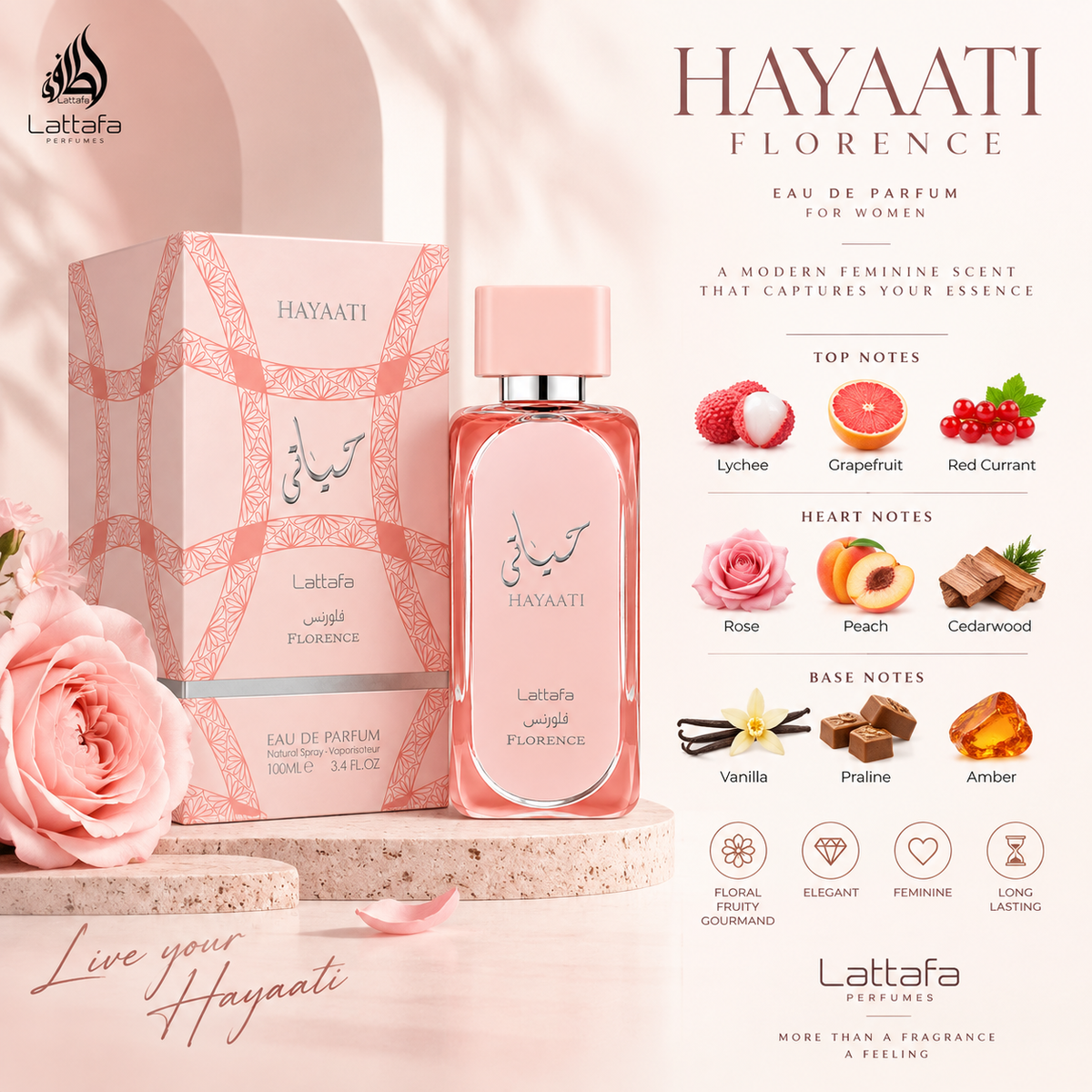 Lattafa Hayaati Florence Eau de Parfum 100ml – For Women Authentic