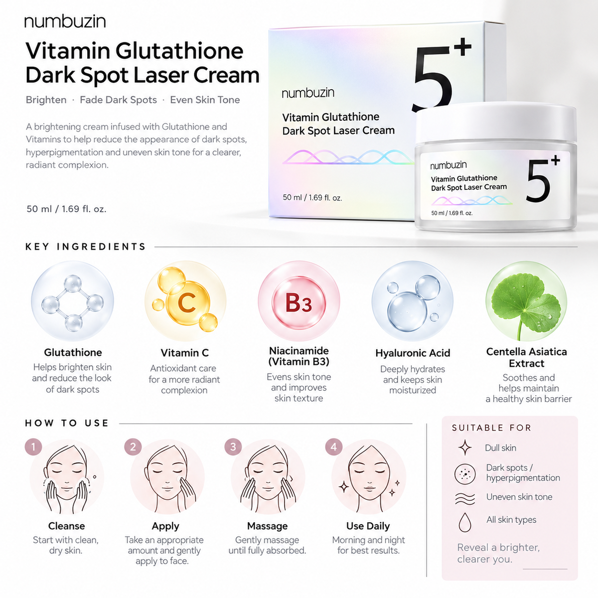numbuzin No.5+ Vitamin Glutathione Dark Spot Laser Cream 50ml | Korean Skincare