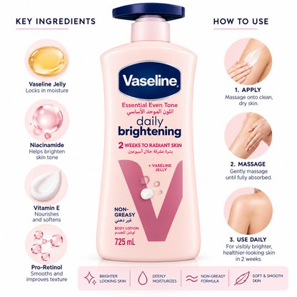 Vaseline Essential Even Tone Daily Brightening Body Lotion 725 mL – Non-Greasy Moisturizing Lotion