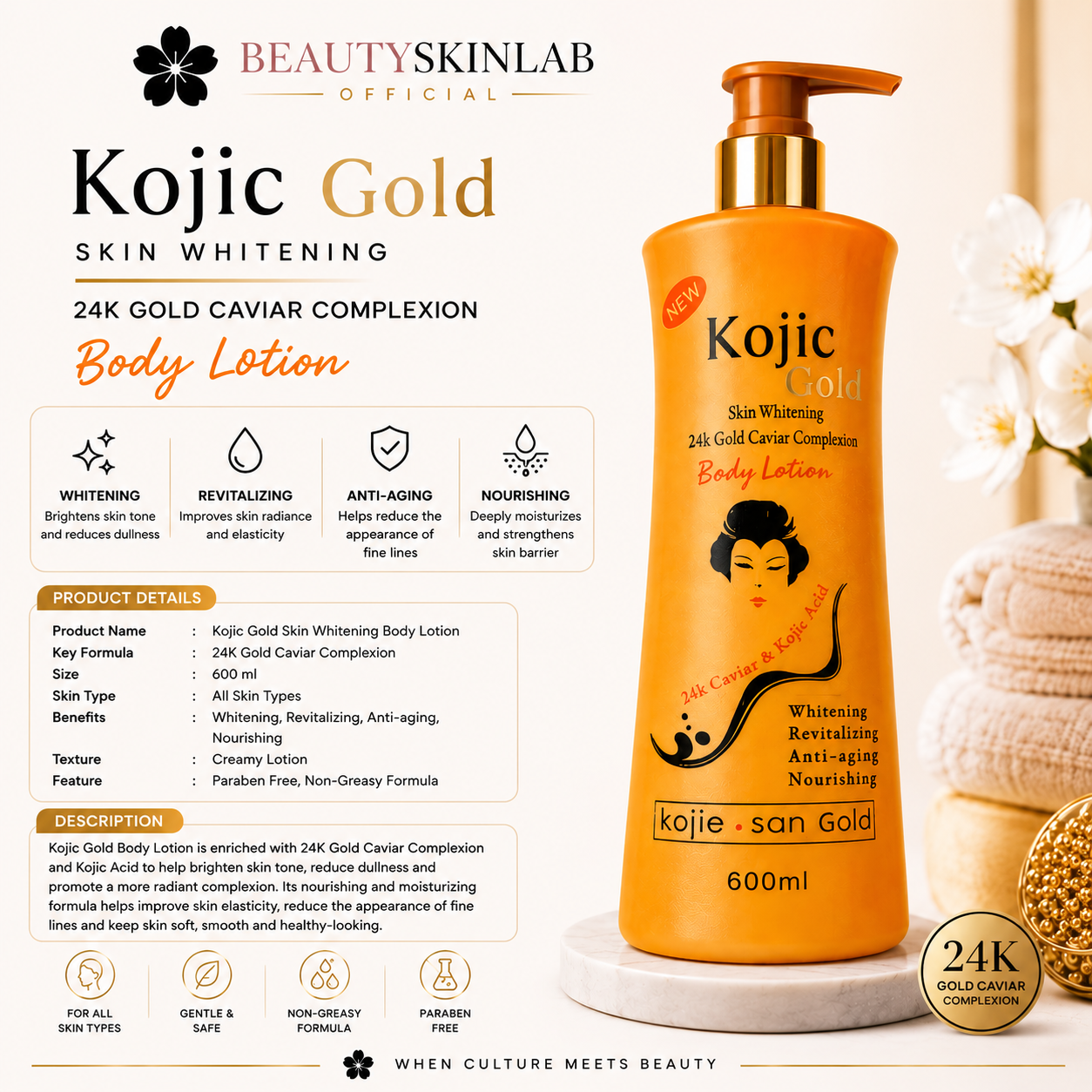 Kojic Acid Gold | Skin Whitening Body Lotion 600ml
