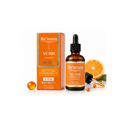 Re'senza VC100 Premium Vitamin C Essence 60ml | Japanese Brightening & Pore Care Serum with APPS Vitamin C, Ethyl Vitamin C, Niacinamide, Glutathione, Collagen, Ceramide, Fullerene, Alpha Arbutin & Coenzyme Q10