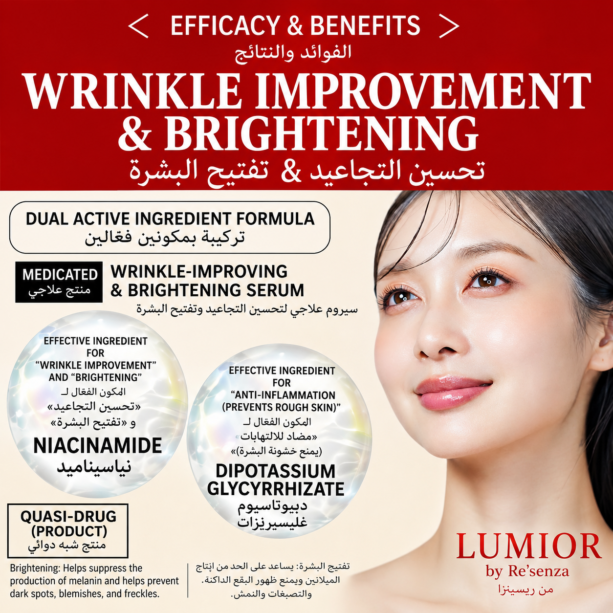 Lumior by Re'senza Medicated Wrinkle Improvement & Whitening Essence 60ml | Japanese Brightening Anti-Aging Serum | Quasi-Drug | Niacinamide & Dipotassium Glycyrrhizate
